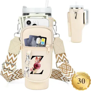 LOKASS Water Bottle Holder with Strap for Stanley Cup 30 oz Tumbler with Handle, Personalized Initial Gift, Water Bottle Carrier Bag with Phone Pocket & Carabiner for Stanley Cup Accessories
