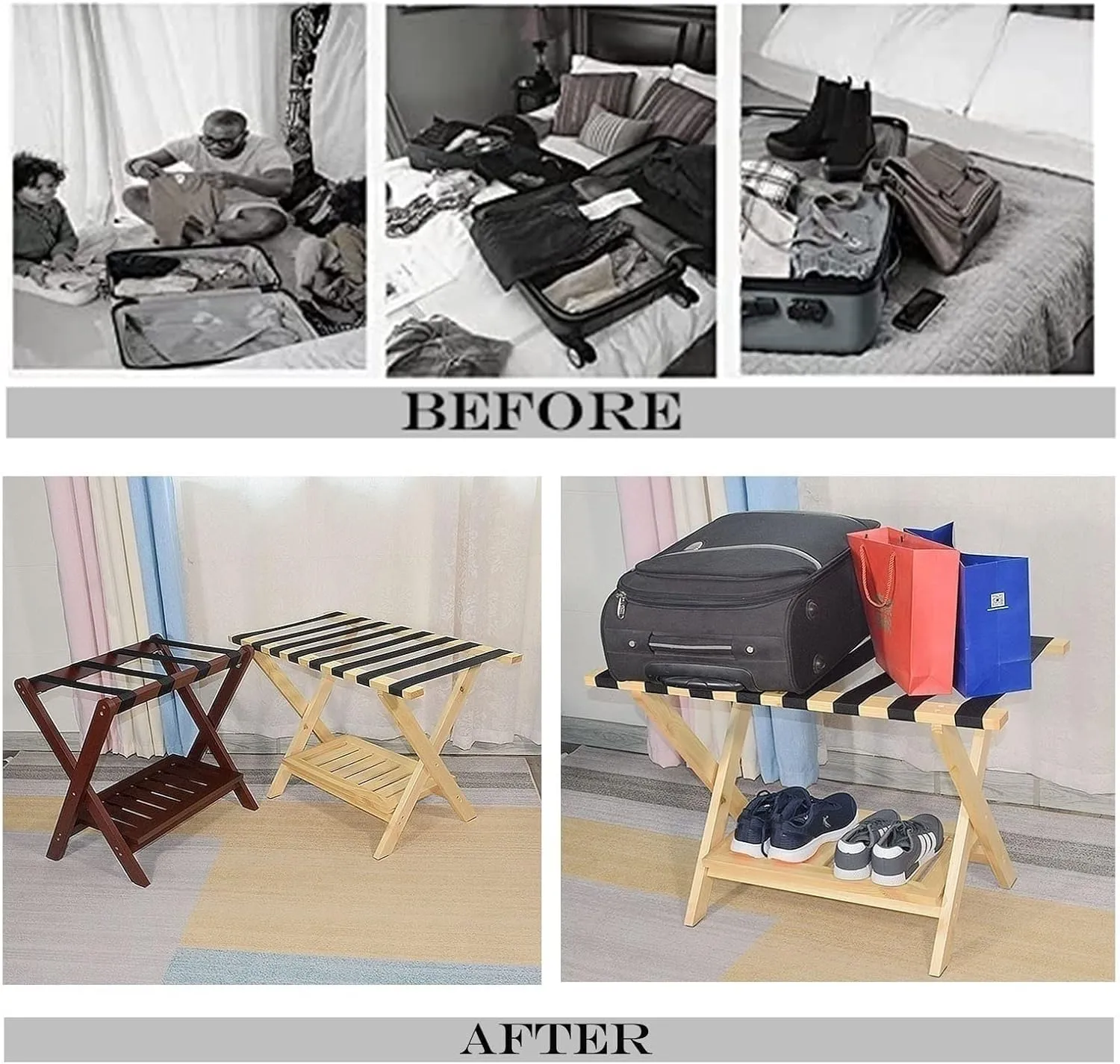 Luggage Rack for Guest Room - Suitcase Stand, Solid Wood Travel Bag Storage Rack, Hotel Home Luggage Rack/shoe Rack, Foldable Hanger In Guest Room, Multi-functional Portable Luggage Rack ( Color : Whi