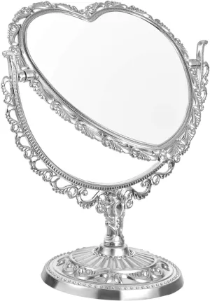 Lurrose Heart Shaped Mirror - Tabletop Vanity Mirror - 24"L x 20"W - Silver - 360 Degree Rotation - Double Sided - Makeup Mirror