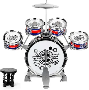 M SANMERSEN Toddler Drum Kit for Ages 1-3 | 5-Piece Kids Drum Set with Stool & Cymbal | Compact Musical Instruments Toys Birthday Gift for 1- 3 Year Beginners Olds Boys Girls (Blue, No LED Light)