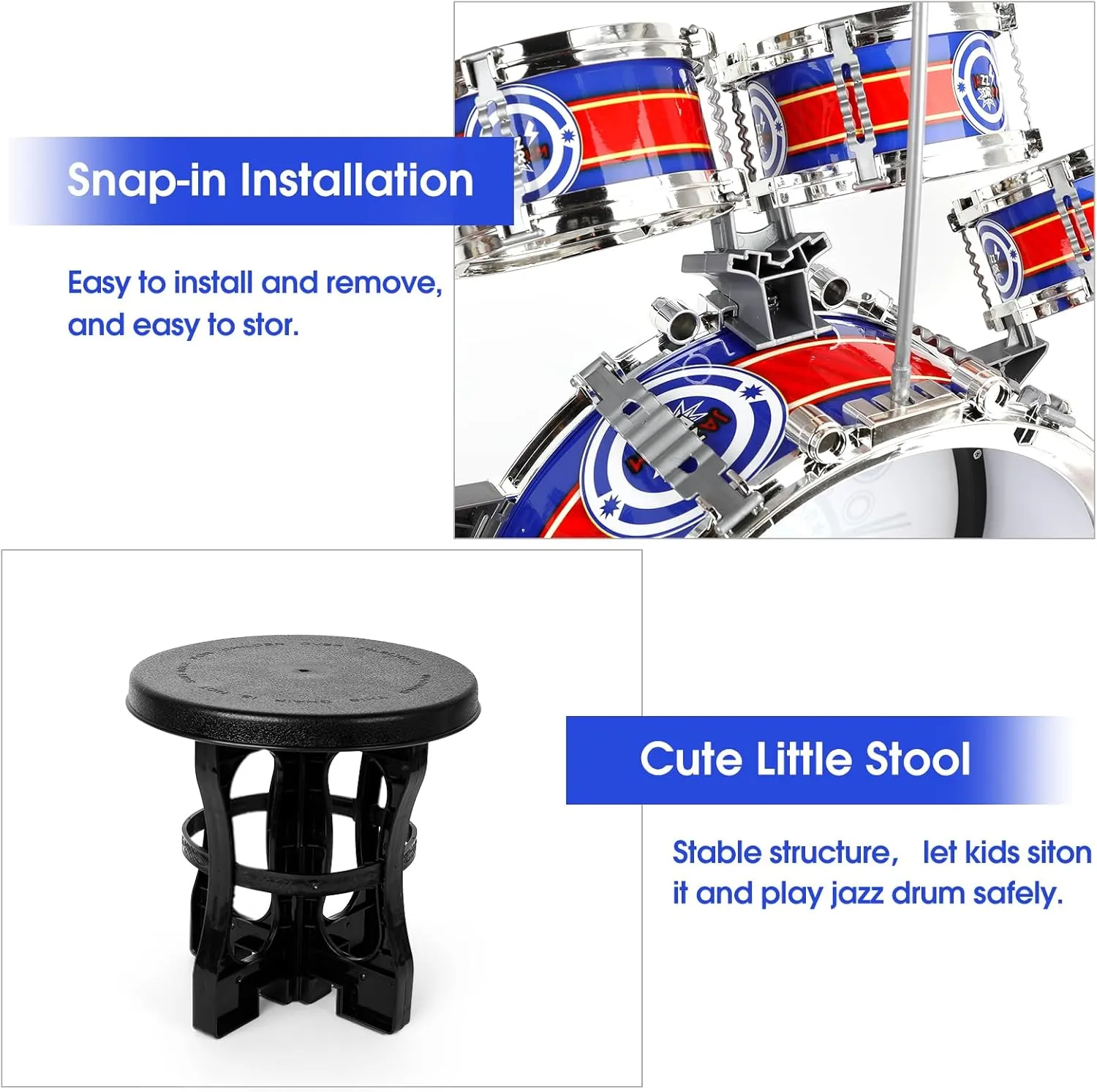 M SANMERSEN Toddler Drum Kit for Ages 1-3 | 5-Piece Kids Drum Set with Stool & Cymbal | Compact Musical Instruments Toys Birthday Gift for 1- 3 Year Beginners Olds Boys Girls (Blue, No LED Light)