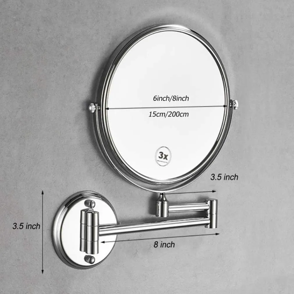 Makeup Vanity Mirror,Two-Sided Wall Mounted Beauty Mirror 3X Magnification Bathroom Mirror 360°Swivel Extendable Cosmetic Mirror,Silver(8inch)