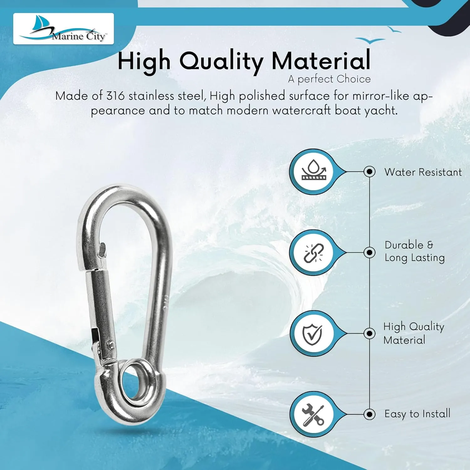 MARINE CITY 316 Grade Stainless Steel Carabiner/Clip Snap Hook 3-1/2 Inches for Climbing – Fishing – Hiking