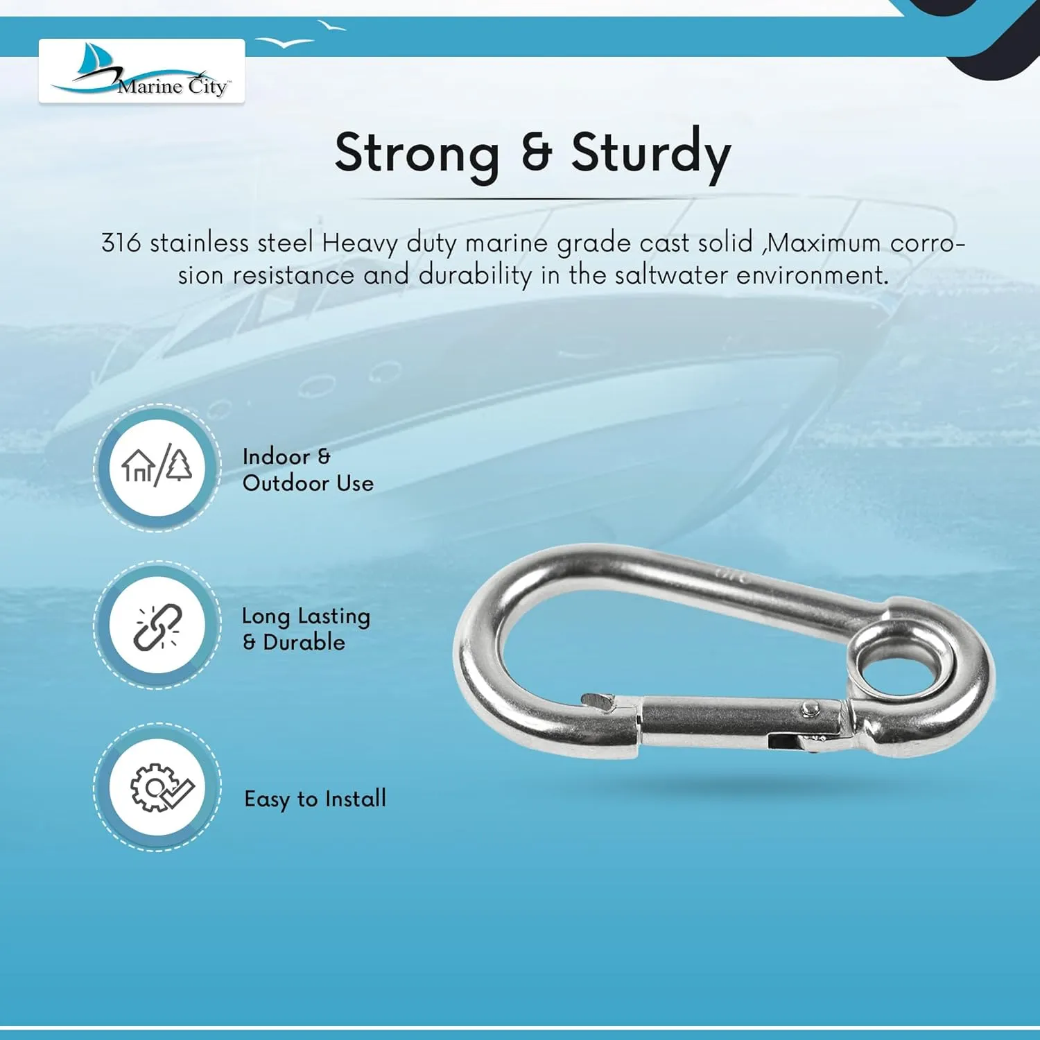 MARINE CITY 316 Grade Stainless Steel Carabiner/Clip Snap Hook 3-1/2 Inches for Climbing – Fishing – Hiking