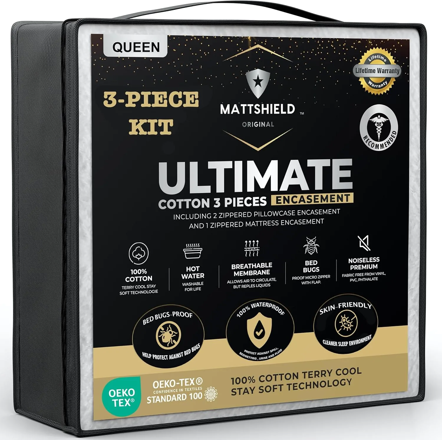 MATTSHIELD Ultimate 3-Piece Kit - Bed Bug-Proof Mattress Cover Queen Size 100% Cotton Top   2 Pillow Protectors with Zipper - 6 Sided Waterproof Encasement, Total Defense Kit