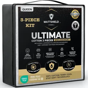 MATTSHIELD Ultimate 3-Piece Kit - Bed Bug-Proof Mattress Cover Queen Size 100% Cotton Top   2 Pillow Protectors with Zipper - 6 Sided Waterproof Encasement, Total Defense Kit