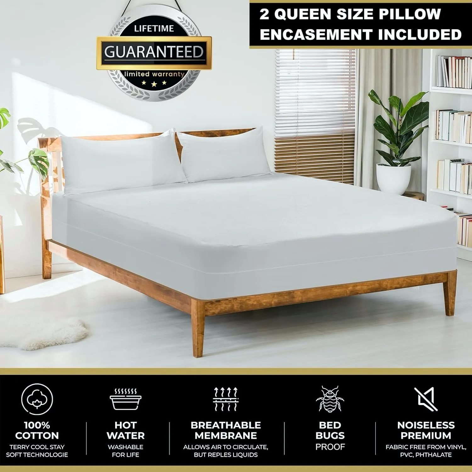 MATTSHIELD Ultimate 3-Piece Kit - Bed Bug-Proof Mattress Cover Queen Size 100% Cotton Top   2 Pillow Protectors with Zipper - 6 Sided Waterproof Encasement, Total Defense Kit