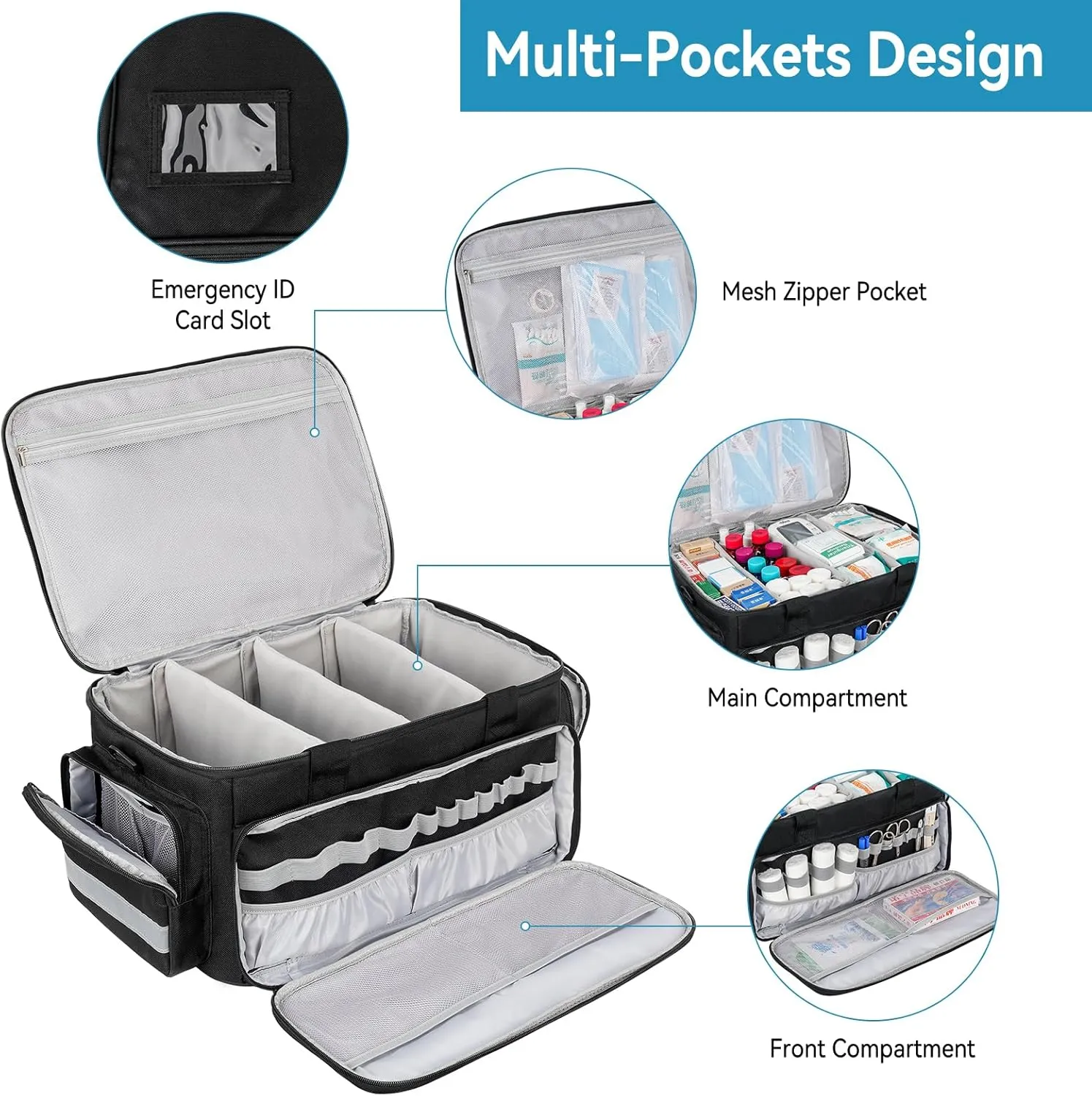 Medical Bag, Medical Equipment Case Empty, Large Home Health Nurse Bag with Shoulder Strap, Medication First Aid Organizer for Therapist, Doctors, Nursing Students (Black)