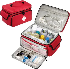 Medicine Organizer, Pill Bottle Organizer, Medical Bag Empty, Holds Pills, Vitamins and Medical Supplies for Home Storage and Travel Use, Red