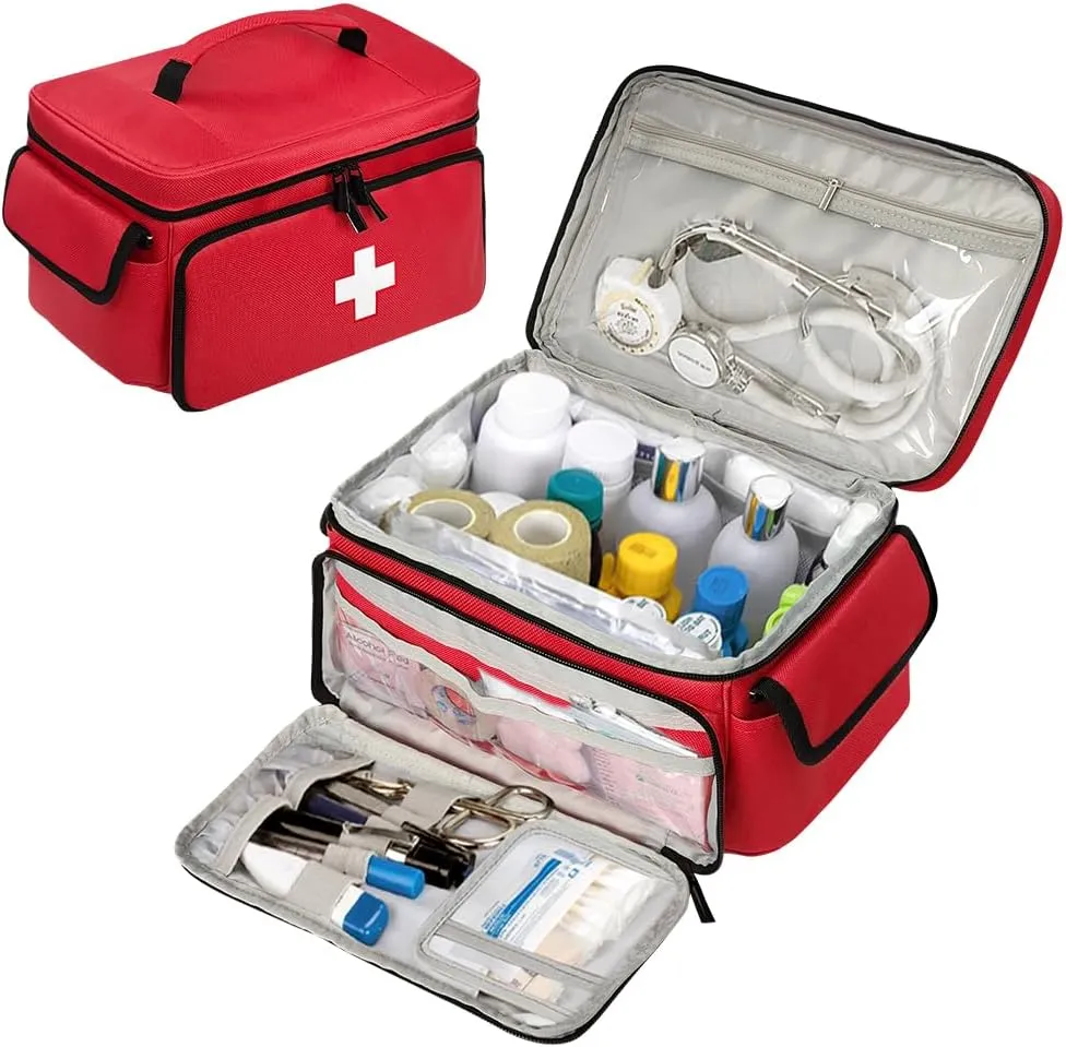 Medicine Organizer, Pill Bottle Organizer, Medical Bag Empty, Holds Pills, Vitamins and Medical Supplies for Home Storage and Travel Use, Red