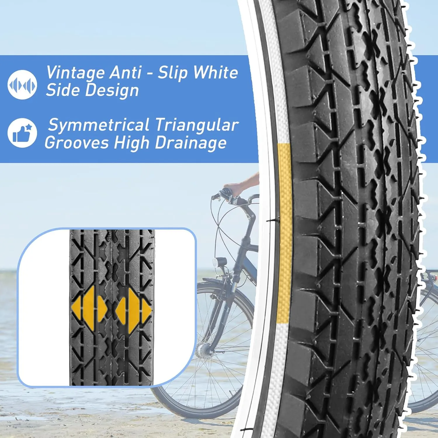 MEGHNA Bike Tire 20/24/26 x 2.125 inch for Mountain Bike/with Tube A/V 48mm and Tire Lever White Wall Foldable Tire Replacement for Cruiser Bike Kids Bike