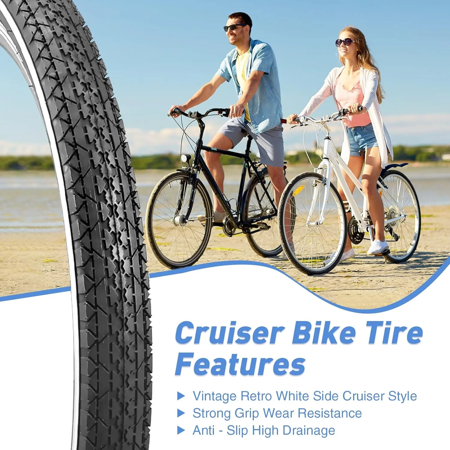 MEGHNA Bike Tire 20/24/26 x 2.125 inch for Mountain Bike/with Tube A/V 48mm and Tire Lever White Wall Foldable Tire Replacement for Cruiser Bike Kids Bike