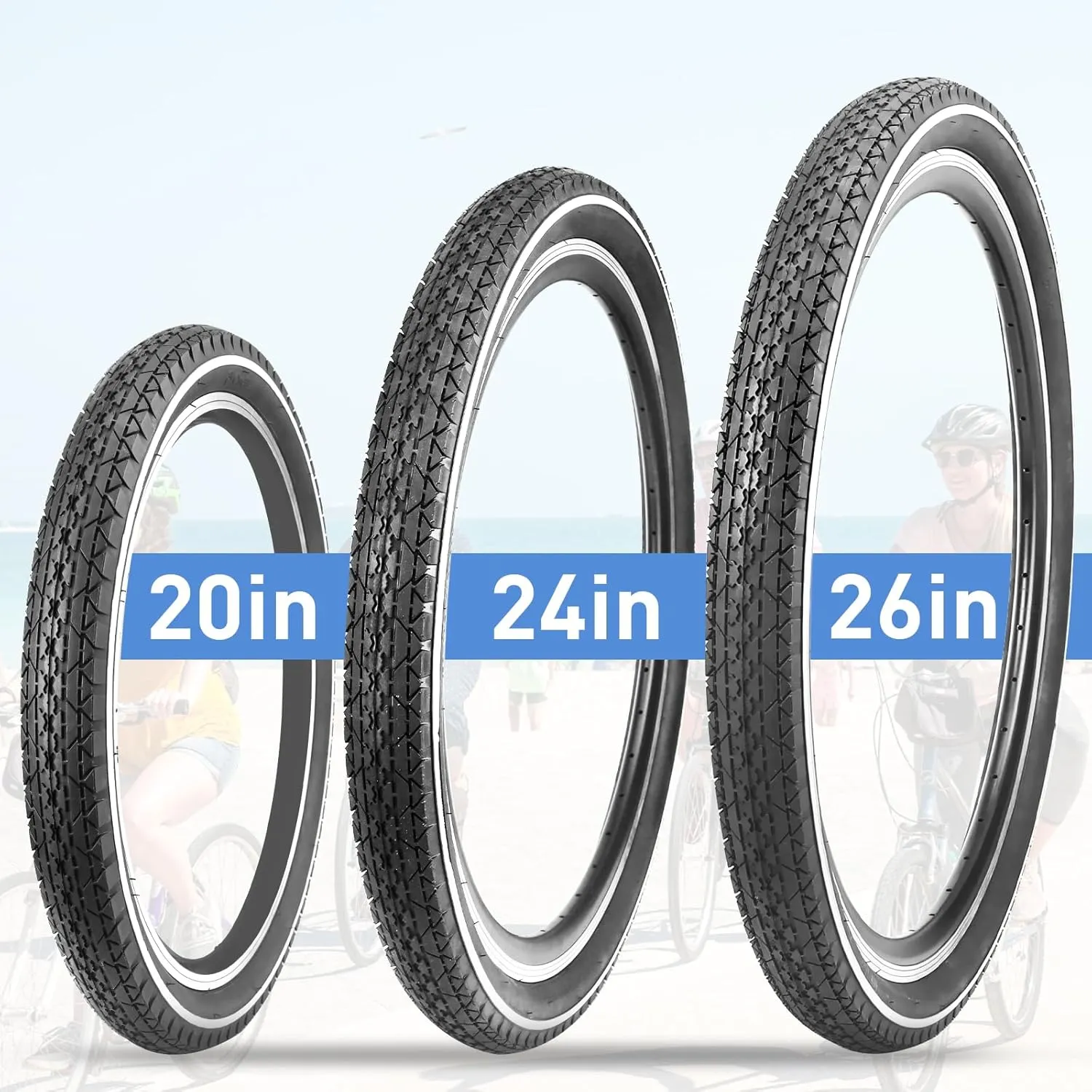 MEGHNA Bike Tire 20/24/26 x 2.125 inch for Mountain Bike/with Tube A/V 48mm and Tire Lever White Wall Foldable Tire Replacement for Cruiser Bike Kids Bike