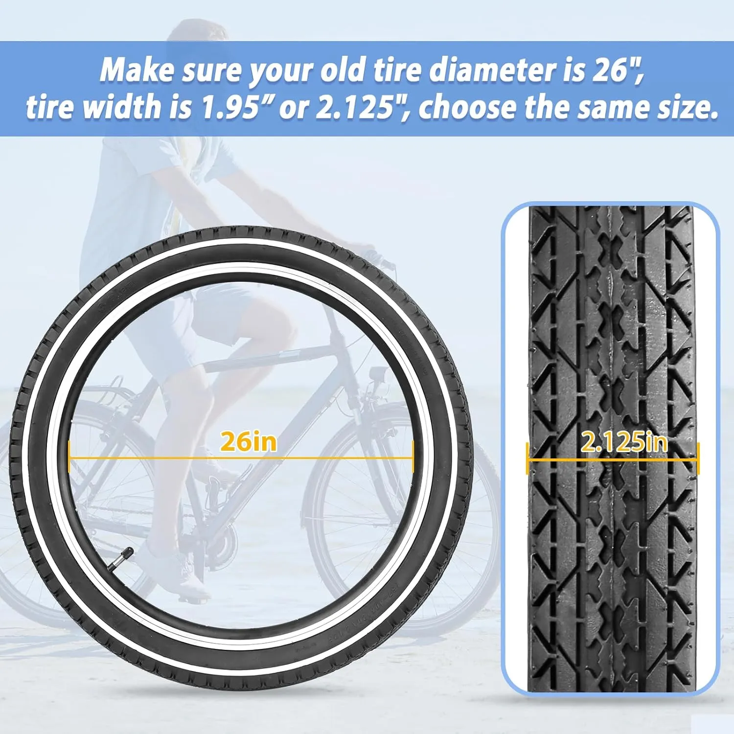 MEGHNA Bike Tire 20/24/26 x 2.125 inch for Mountain Bike/with Tube A/V 48mm and Tire Lever White Wall Foldable Tire Replacement for Cruiser Bike Kids Bike