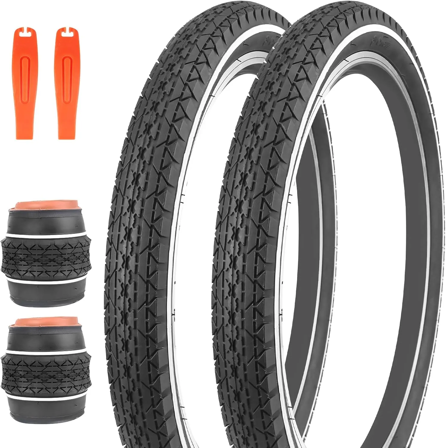 MEGHNA Bike Tire 20/24/26 x 2.125 inch for Mountain Bike/with Tube A/V 48mm and Tire Lever White Wall Foldable Tire Replacement for Cruiser Bike Kids Bike