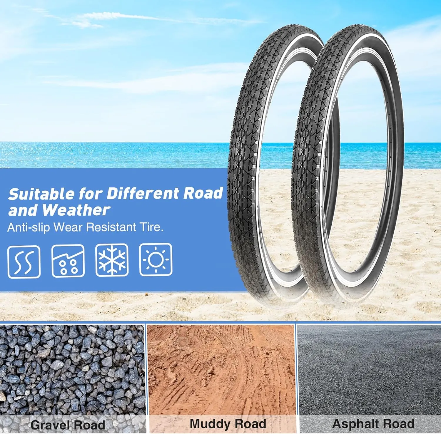 MEGHNA Bike Tire 20/24/26 x 2.125 inch for Mountain Bike/with Tube A/V 48mm and Tire Lever White Wall Foldable Tire Replacement for Cruiser Bike Kids Bike