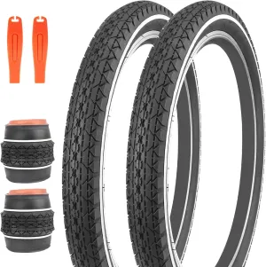 MEGHNA Bike Tire 20/24/26 x 2.125 inch for Mountain Bike/with Tube A/V 48mm and Tire Lever White Wall Foldable Tire Replacement for Cruiser Bike Kids Bike