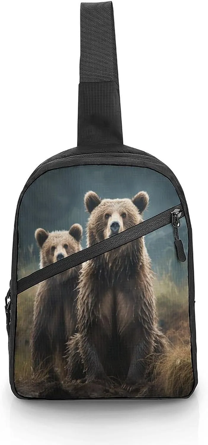 Men Women Foldable Sling Bags,Encounter Animal Bear Print Crossbody Chest Bag,Shoulder Chest Backpack for Cycling Walking Hiking