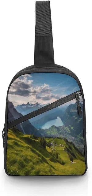 Men Women Foldable Sling Bags,Switzerland Alps Print Crossbody Chest Bag,Shoulder Chest Backpack for Cycling Walking Hiking