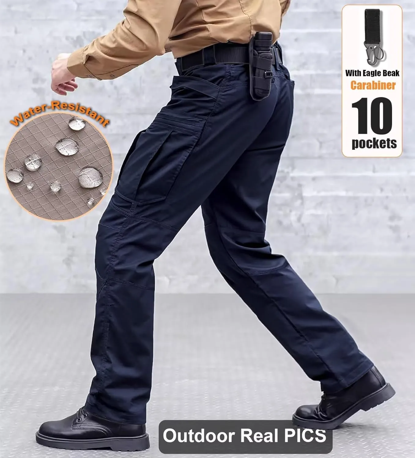 Men's Cargo Work Hiking Tactical Pants,10-Pocket,with Carabiner,Water Resistant,Lightweight Ripstop Outdoor Pants