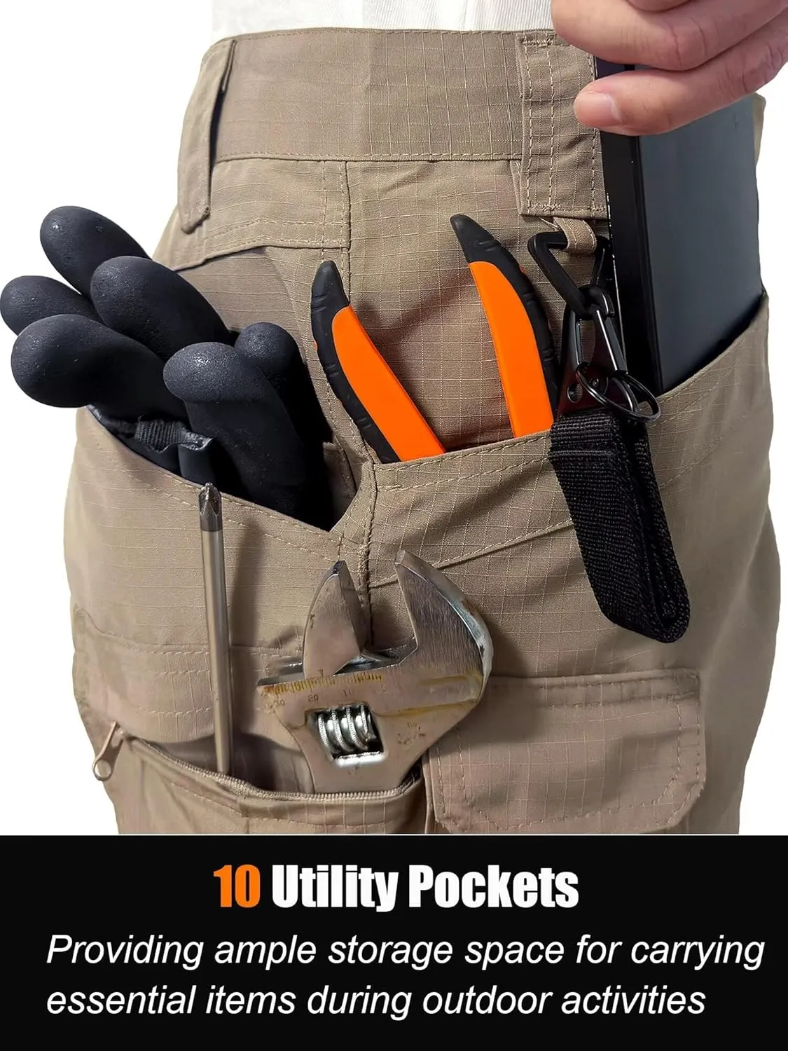 Men's Cargo Work Hiking Tactical Pants,10-Pocket,with Carabiner,Water Resistant,Lightweight Ripstop Outdoor Pants