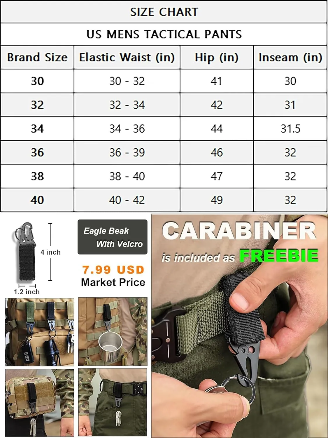 Men's Cargo Work Hiking Tactical Pants,10-Pocket,with Carabiner,Water Resistant,Lightweight Ripstop Outdoor Pants