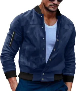 Men’s Suede Bomber Jacket Lightweight Classic Fit Snap Button Down Varsity Coat Casual Spring Fall Windbreaker