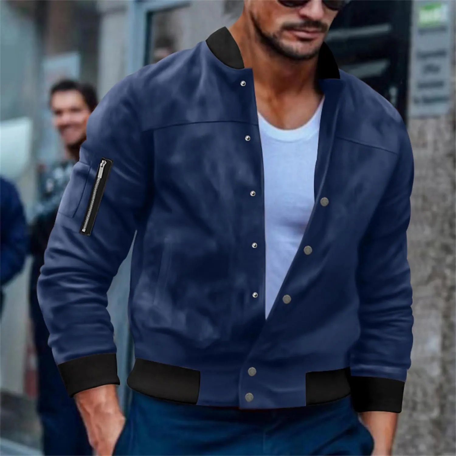 Men’s Suede Bomber Jacket Lightweight Classic Fit Snap Button Down Varsity Coat Casual Spring Fall Windbreaker