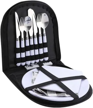 Metal Camping Utensil Set for 2, Camping Utensil Set, Camping Utensils, Camping Silverware Set with Plate Spoon Fork Serrated Knife Cloth Napkins