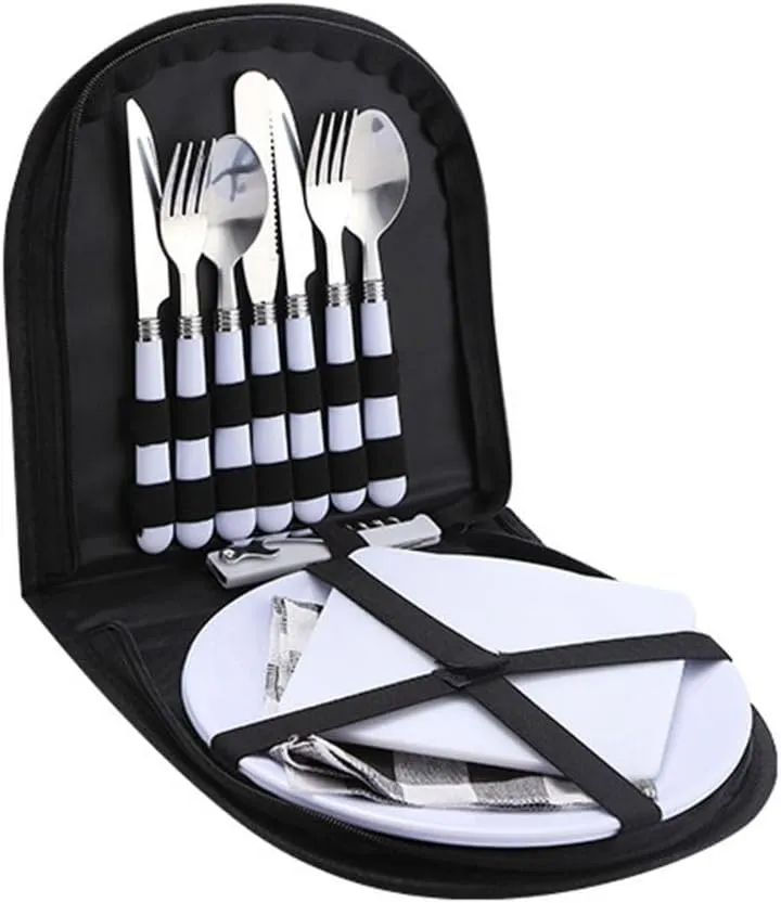 Metal Camping Utensil Set for 2, Camping Utensil Set, Camping Utensils, Camping Silverware Set with Plate Spoon Fork Serrated Knife Cloth Napkins