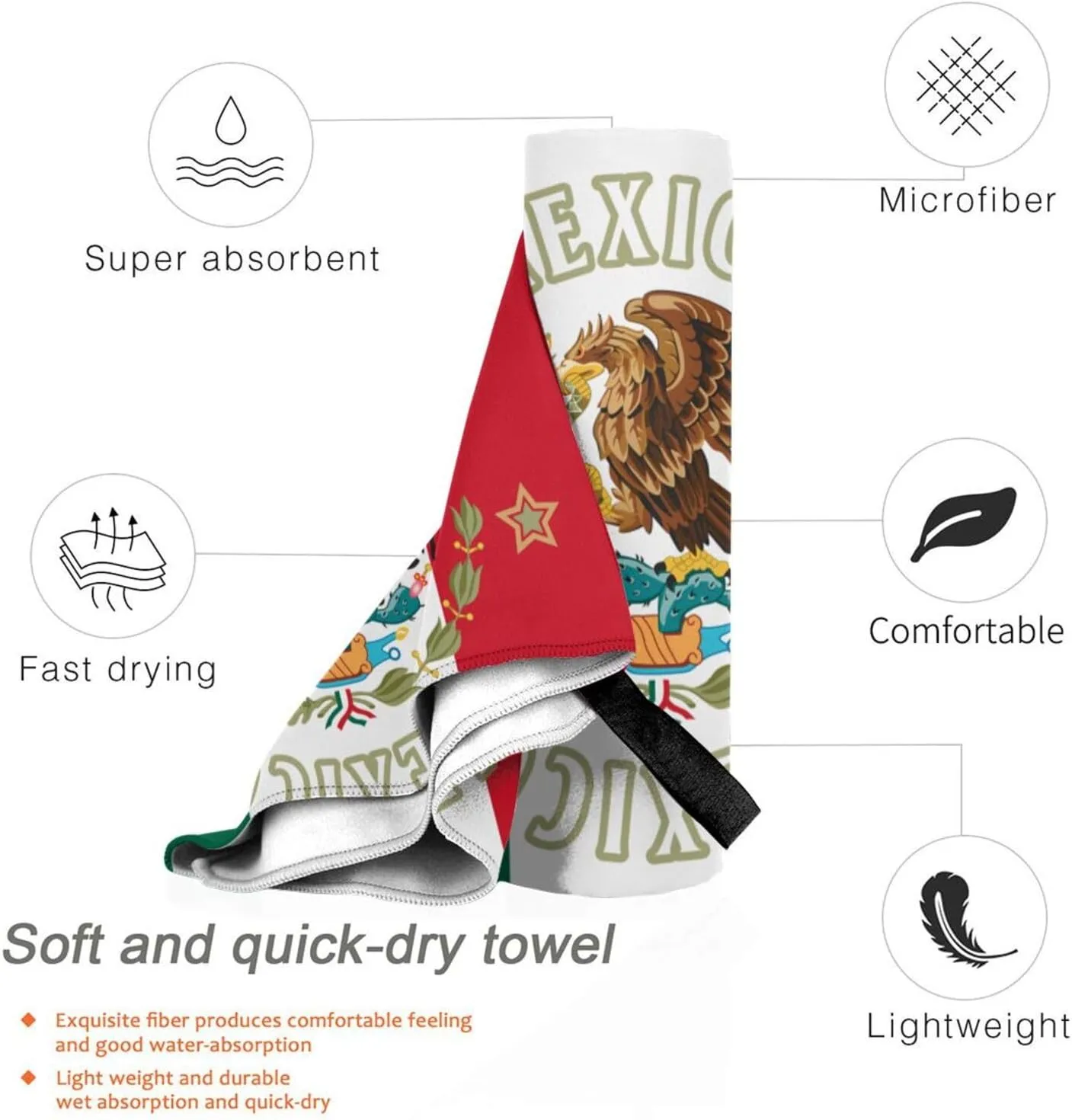 Mexico Flag Mexico Emblem Beach Towels for Women Men 31 x 63 inches Bath Towel with Travel Bag Quick Dry Swim Towels for Sport Gift