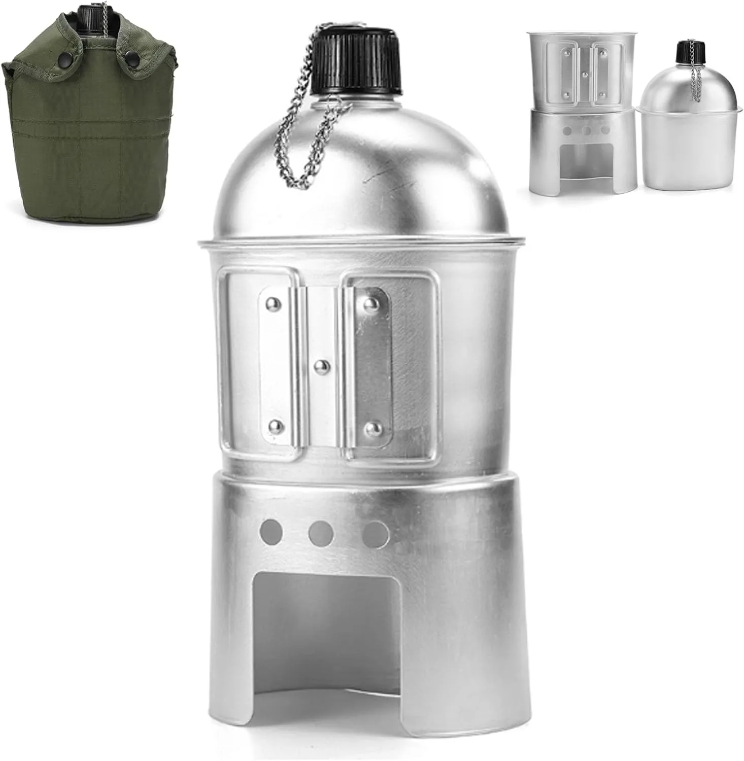 Military Canteen Set of 4, Canteen Cup Stove Pouch Kit, Multi-Functional Water Bottle, Portable Aluminum Cookware Kit, for Outdoor Camping Survival Hiking Backpacking