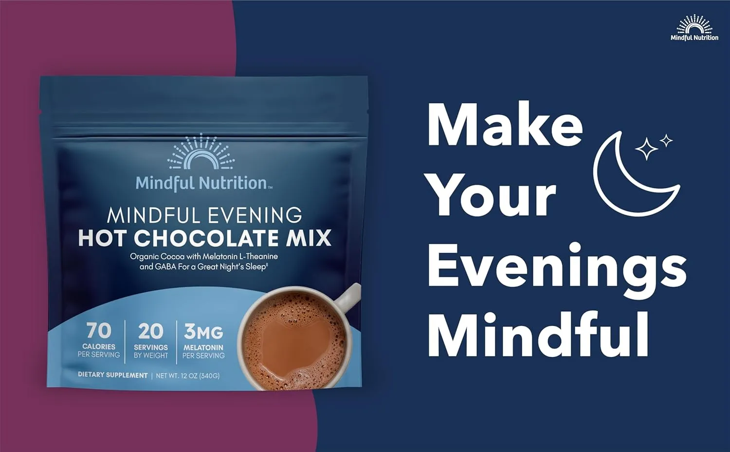 Mindful Evening Cocoa Mix Natural Sleep Aid, Melatonin 3mg, L-Theanine, GABA Supplements, Natural Calm Sleep Support Jet Lag Relief Stress Relief Calm Sleepy Cocoa Nighttime Hot Chocolate