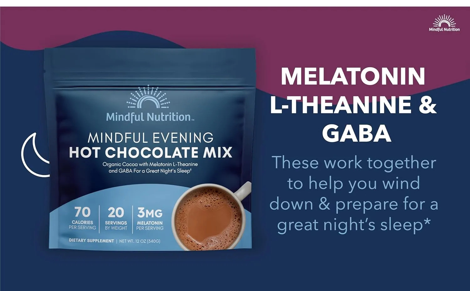 Mindful Evening Cocoa Mix Natural Sleep Aid, Melatonin 3mg, L-Theanine, GABA Supplements, Natural Calm Sleep Support Jet Lag Relief Stress Relief Calm Sleepy Cocoa Nighttime Hot Chocolate
