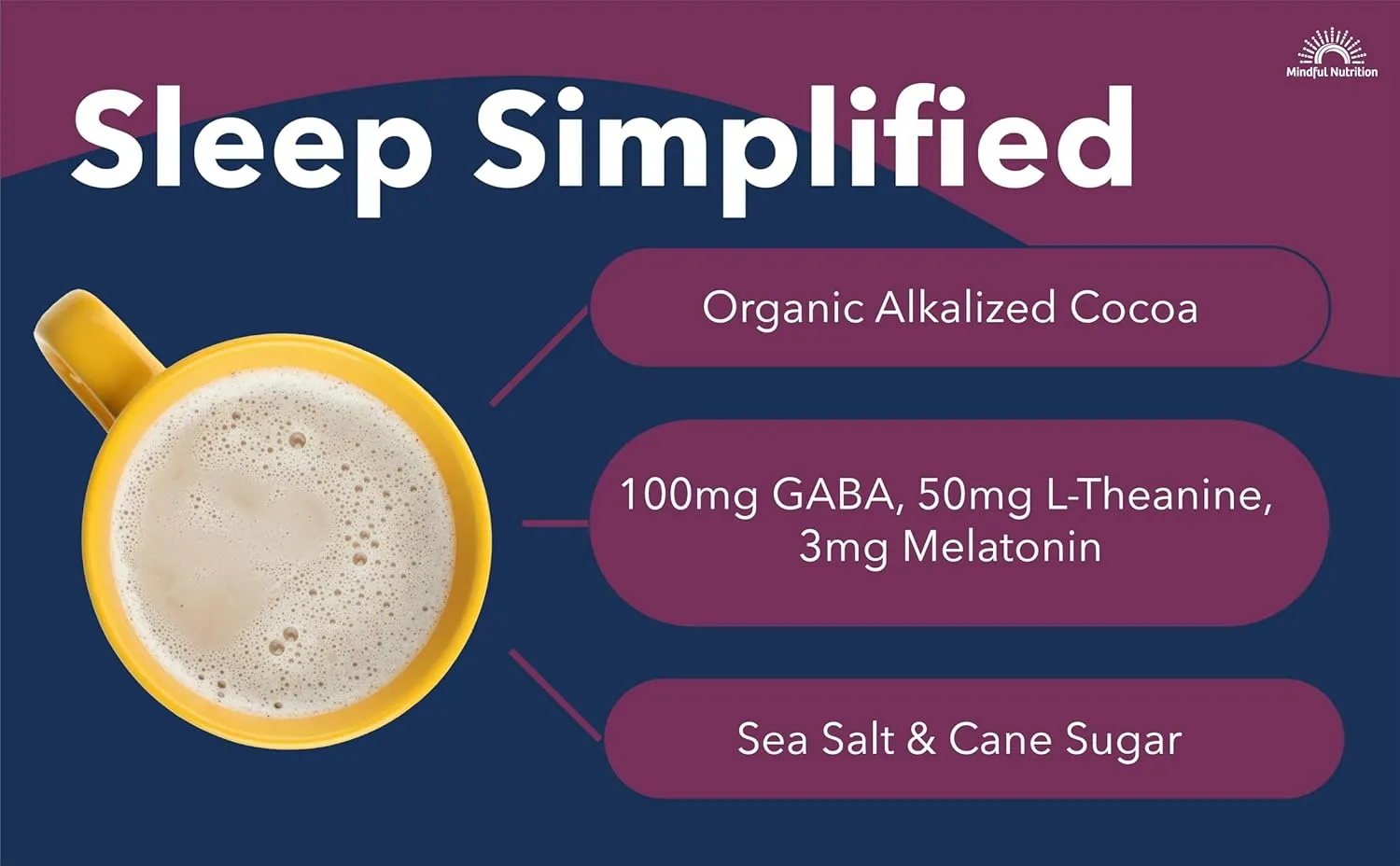 Mindful Evening Cocoa Mix Natural Sleep Aid, Melatonin 3mg, L-Theanine, GABA Supplements, Natural Calm Sleep Support Jet Lag Relief Stress Relief Calm Sleepy Cocoa Nighttime Hot Chocolate