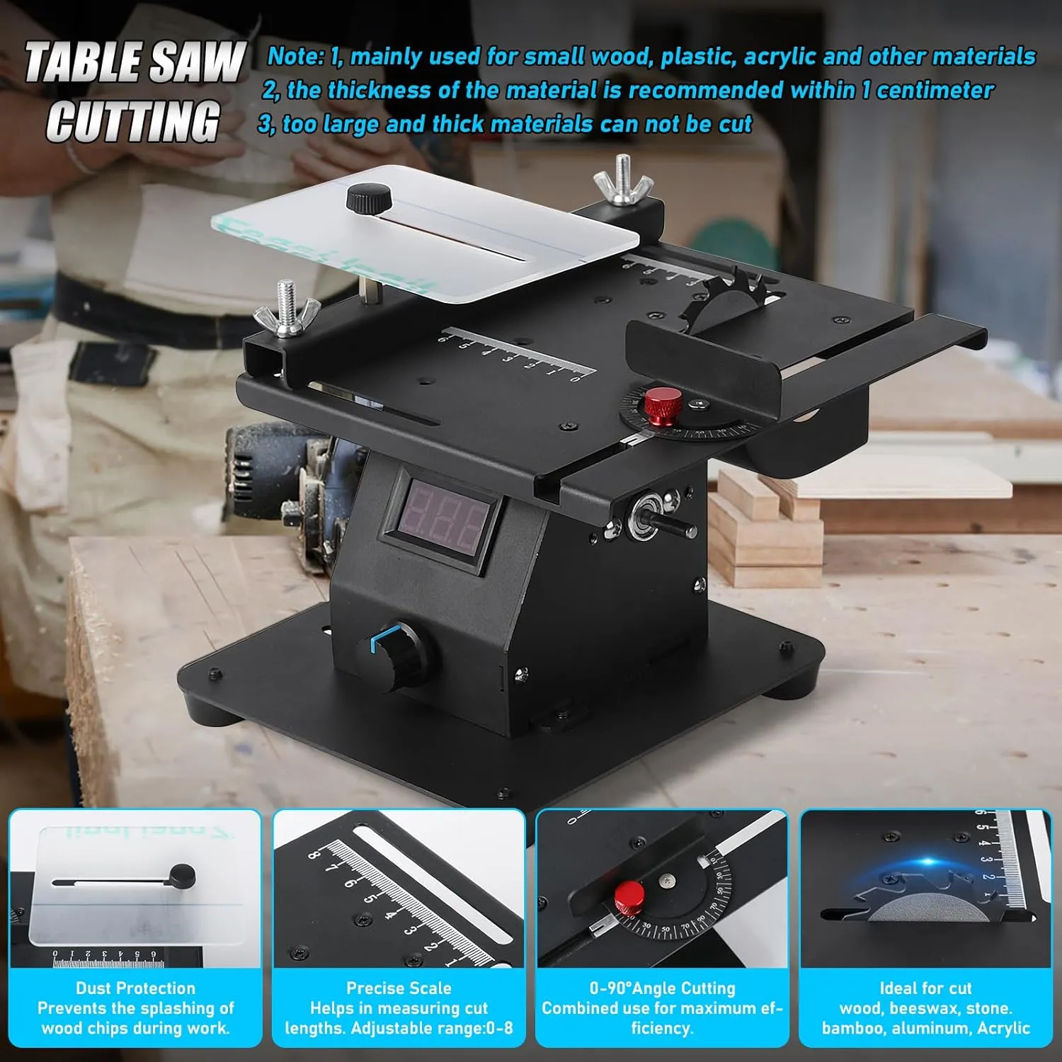 Mini Multi-functional Table Saw, 4 in 1 Table Saws with Dual Bench Grinder, 0-90° Adjust Belt Sander & Polishing Machine, 7 Speed Adjust & LED Display Table Saw for DIY Crafts, Cutting & Sanding