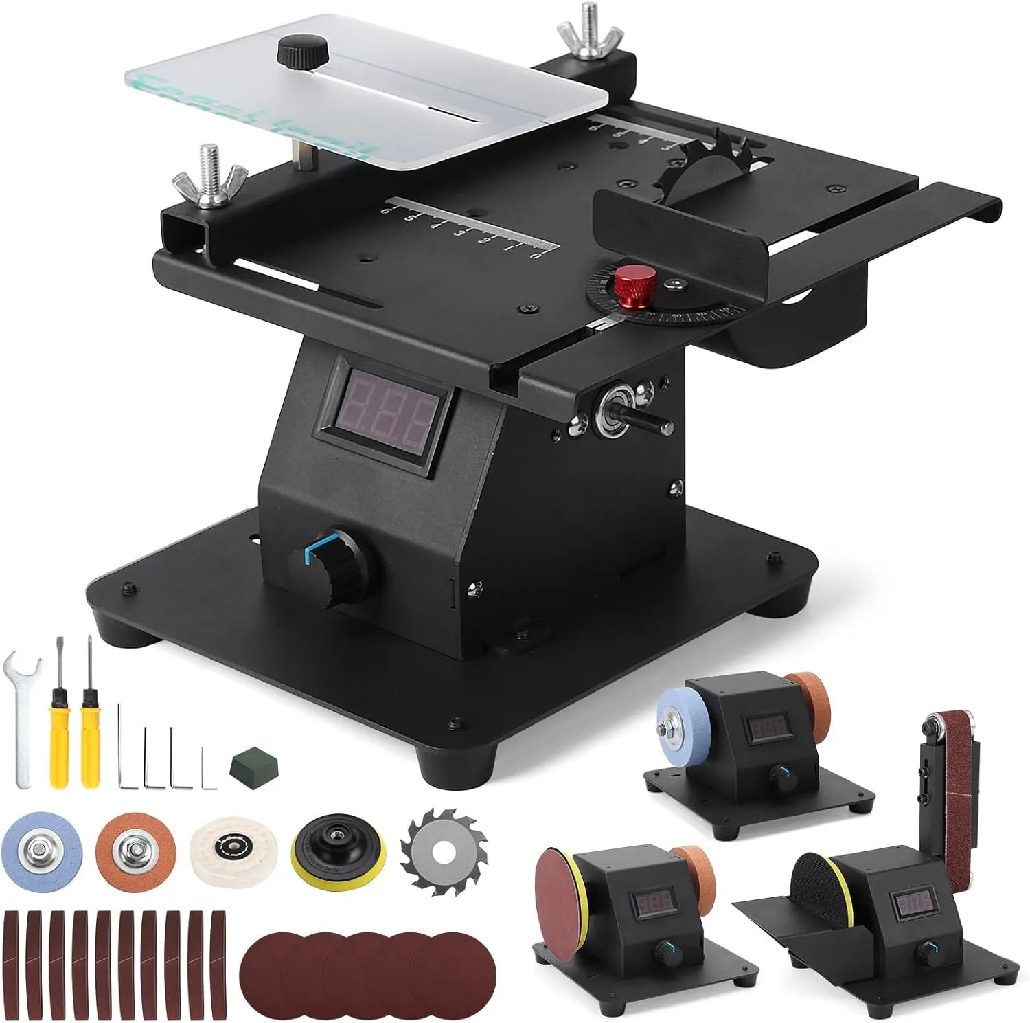 Mini Multi-functional Table Saw, 4 in 1 Table Saws with Dual Bench Grinder, 0-90° Adjust Belt Sander & Polishing Machine, 7 Speed Adjust & LED Display Table Saw for DIY Crafts, Cutting & Sanding