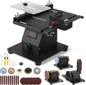 Mini Multi-functional Table Saw, 4 in 1 Table Saws with Dual Bench Grinder, 0-90° Adjust Belt Sander & Polishing Machine, 7 Speed Adjust & LED Display Table Saw for DIY Crafts, Cutting & Sanding