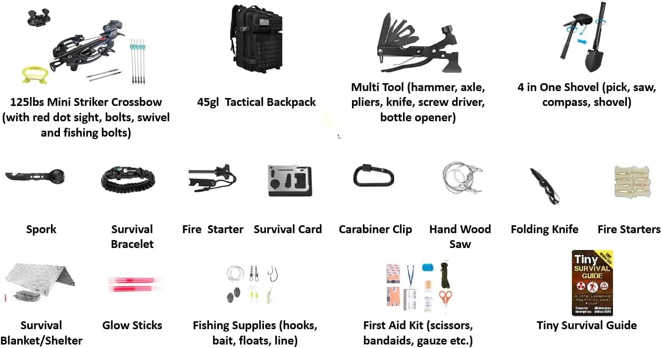 Mini Striker Survival Kit Includes Mini Crossbow,Tactical Backpack and First Aid Kit, and 180Pcs, Includes Tiny Survival Guide as Well as Hunting and Fishing Bolts. Hunting, Fishing and Self Defense