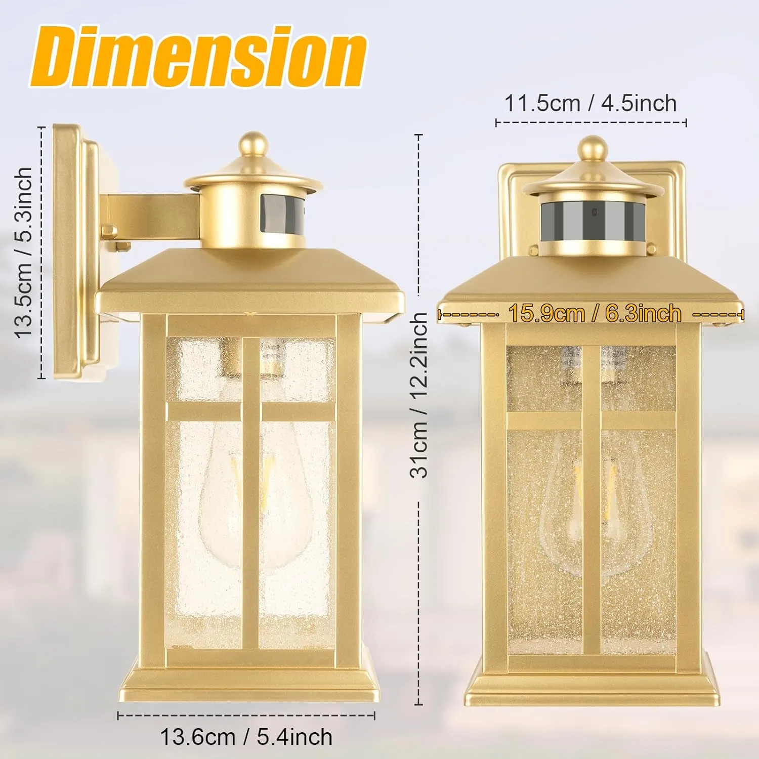 Modern Motion Sensor Outdoor Light Fixture, Gold Waterproof Dusk to Dawn Exterior Light for House, Garage, Garden