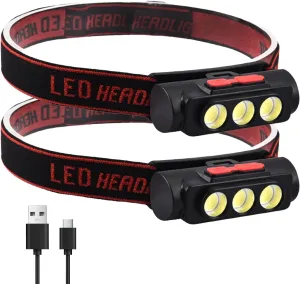 MODOAO Super Bright COB LED Headlamp Portable Mini Headlight Rechargeable Head Lamp Powerful Head Flashlight for Camping Hiking Fishing (2pcs)