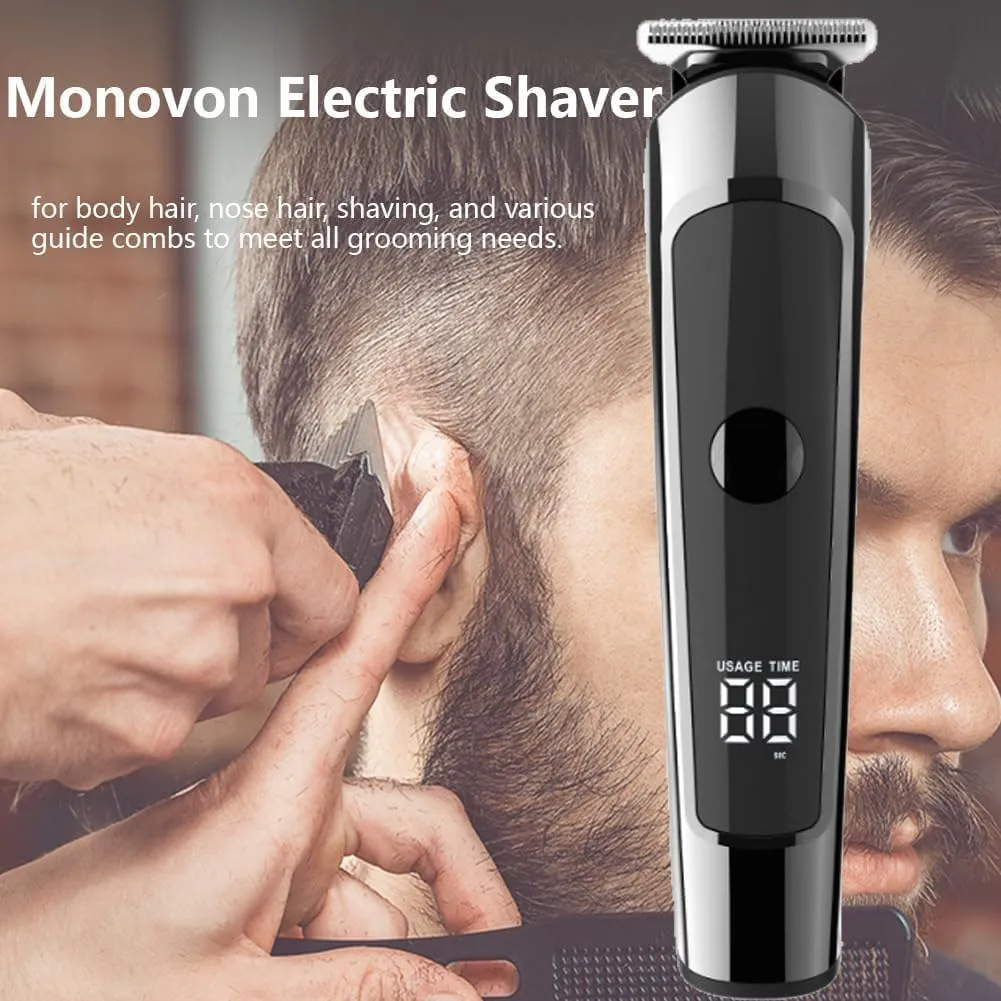 Monovon Hair Clipper for Men - 6-in-1 Electric Shaver & Beard Trimmer, Ipx7 Waterproof Cordless with LED Display, USB-C Fast Charging, Anti-Pinch System for Safe Shaving (Silver)