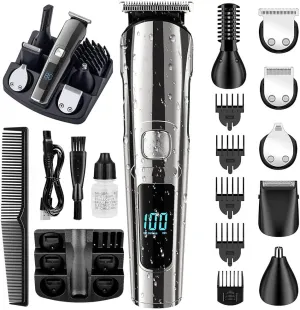 Monovon Hair Clipper for Men - 6-in-1 Electric Shaver & Beard Trimmer, Ipx7 Waterproof Cordless with LED Display, USB-C Fast Charging, Anti-Pinch System for Safe Shaving (Silver)