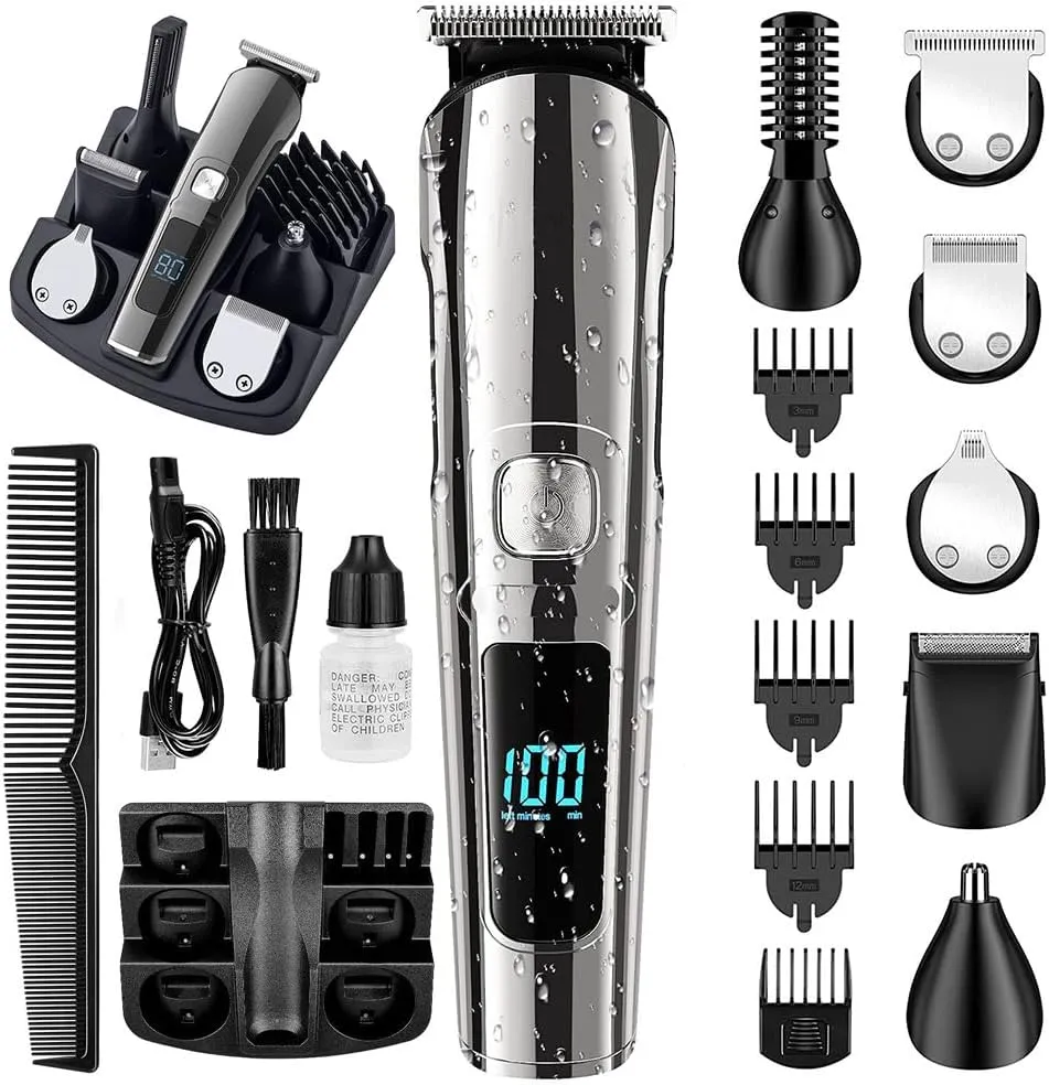 Monovon Hair Clipper for Men - 6-in-1 Electric Shaver & Beard Trimmer, Ipx7 Waterproof Cordless with LED Display, USB-C Fast Charging, Anti-Pinch System for Safe Shaving (Silver)