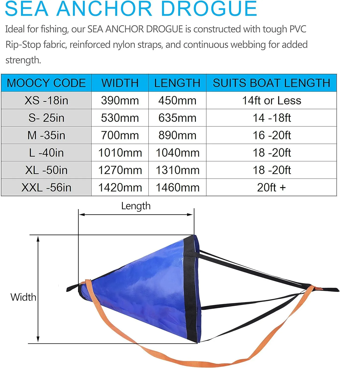 MOOCY Drift Sock with Dump Line,Harness and Buoy Sea Anchor Kit for Fishing Boat/Kayak/Pontoon