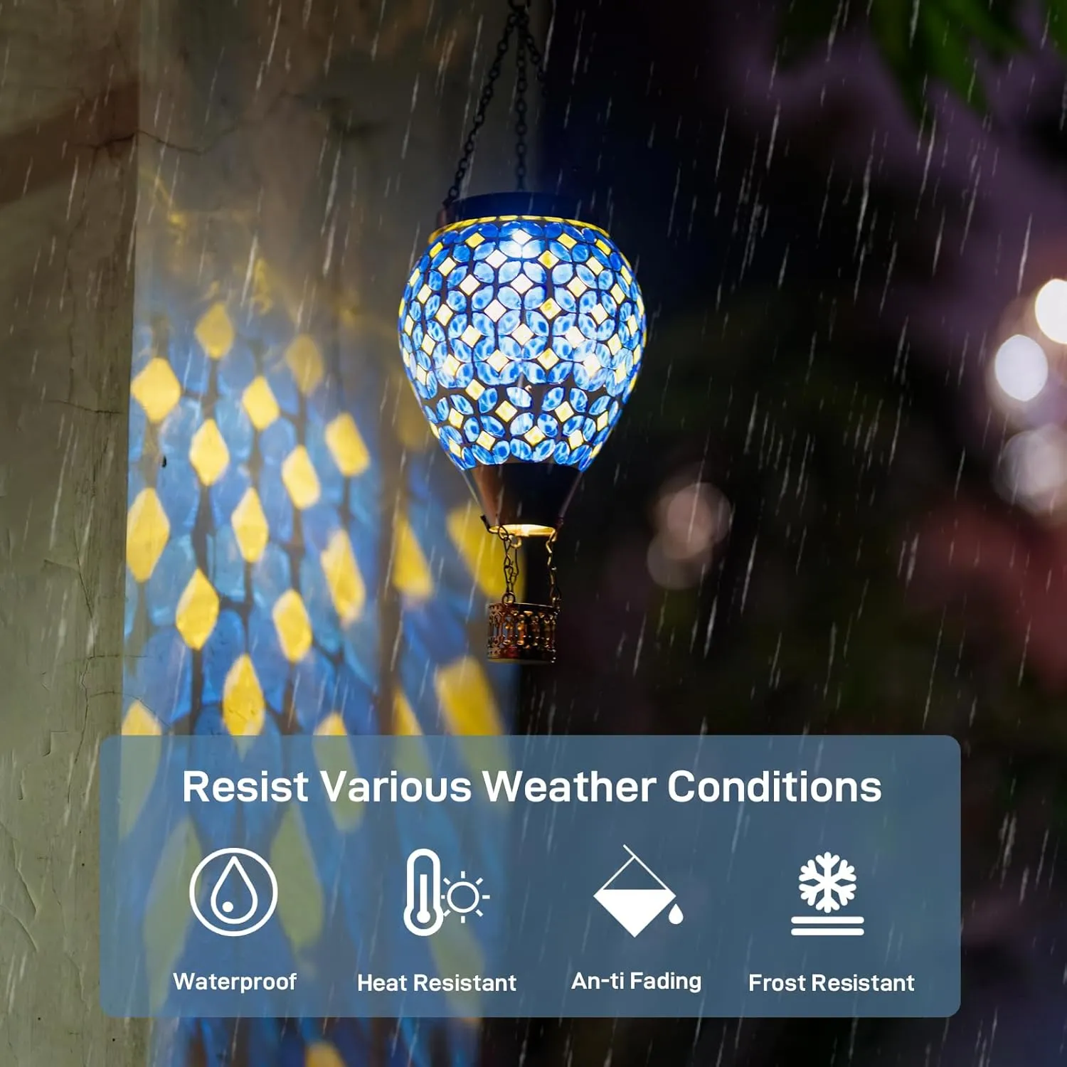 Mosaic Hot Air Balloon Solar Lantern with Flickering Flame, Blue Mosaic Hanging Solar Lantern Lights Outdoor Waterproof for Garden Patio Gifts for Women Mom Grandma