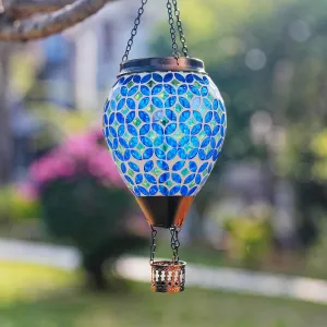 Mosaic Hot Air Balloon Solar Lantern with Flickering Flame, Blue Mosaic Hanging Solar Lantern Lights Outdoor Waterproof for Garden Patio Gifts for Women Mom Grandma