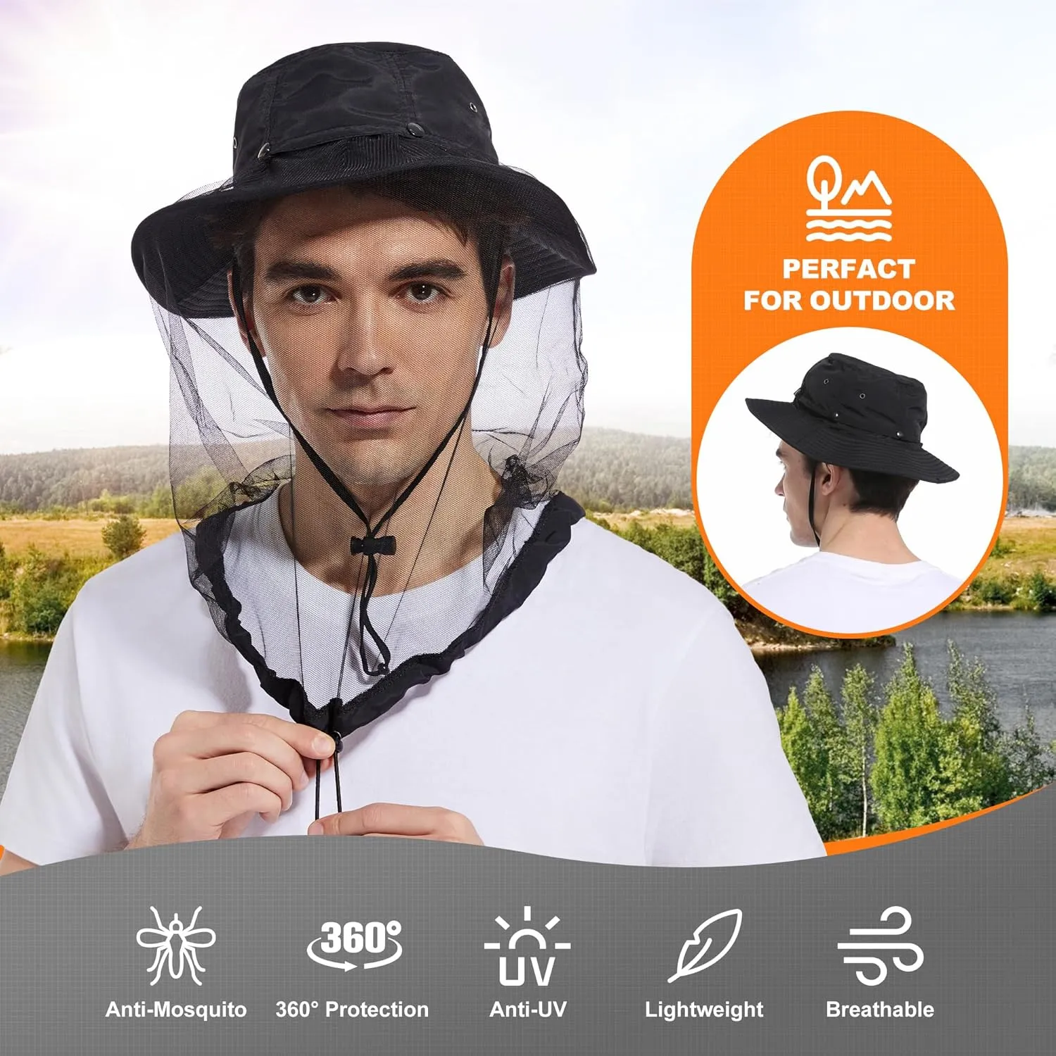 Mosquito Head Net Hat - Bug Cap UPF 50  Sun Protection with Hidden Netting for Beekeeping Hiking Men & Women