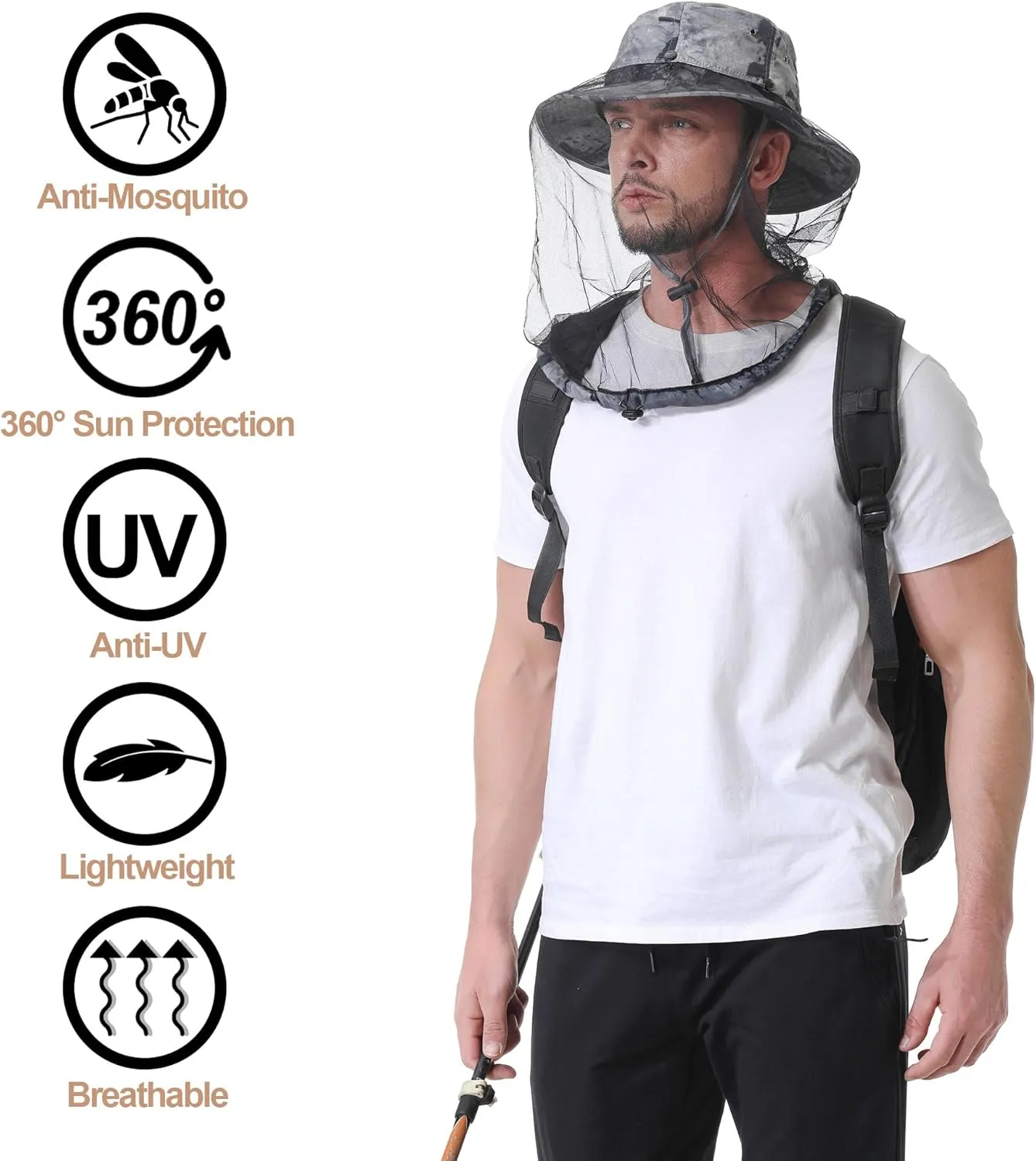 Mosquito Head Net Hat - Bug Cap UPF 50  Sun Protection with Hidden Netting for Beekeeping Hiking Men & Women