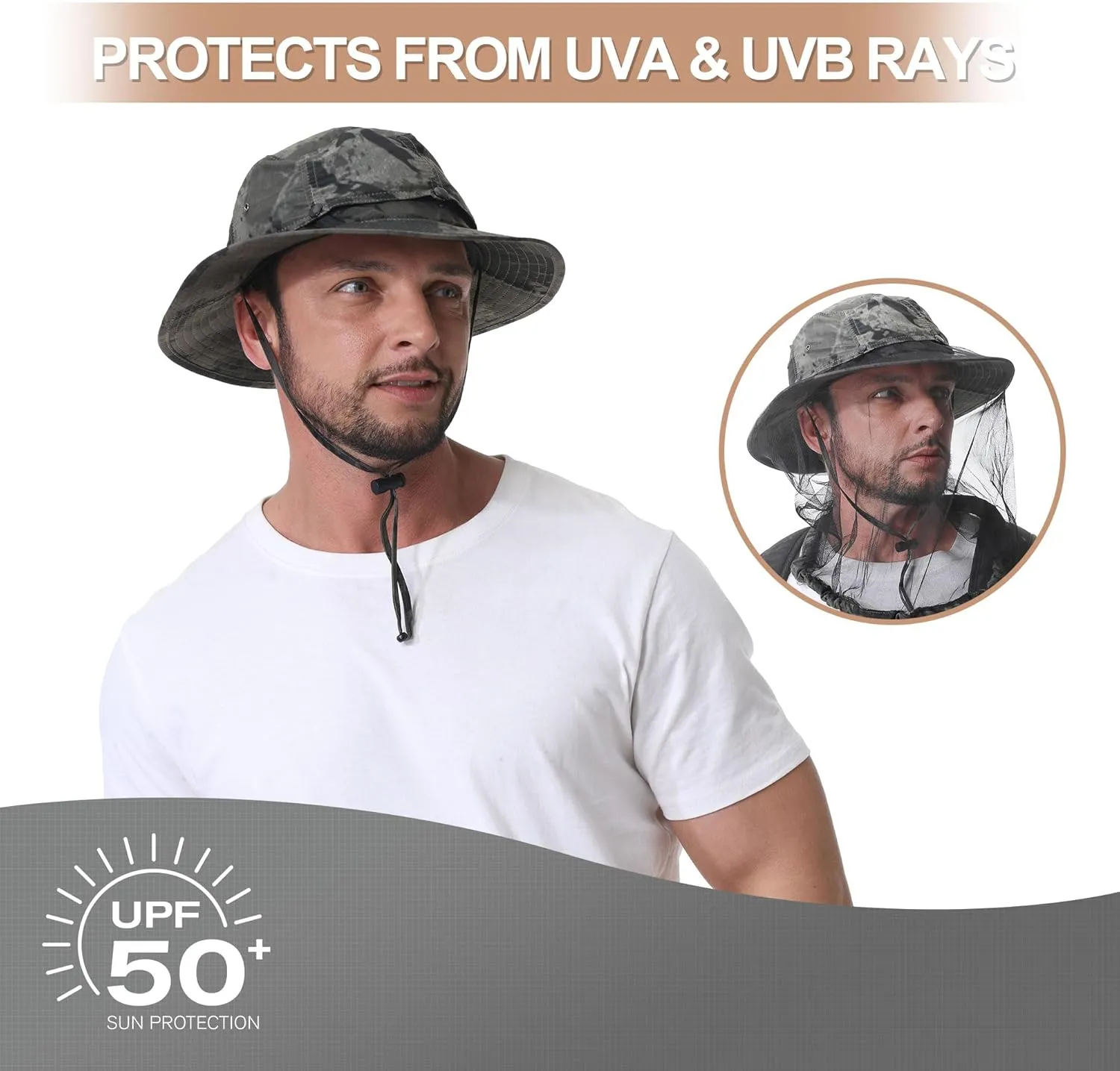 Mosquito Head Net Hat - Bug Cap UPF 50  Sun Protection with Hidden Netting for Beekeeping Hiking Men & Women